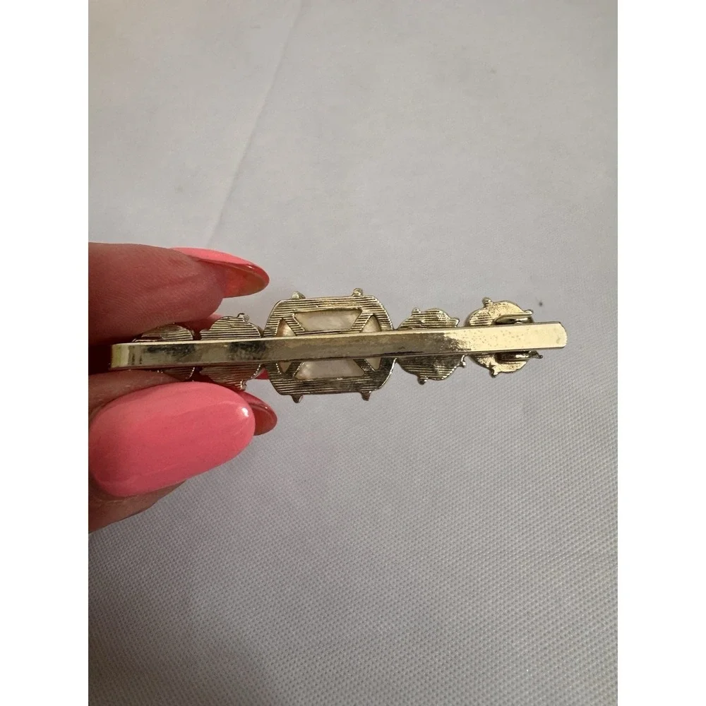 Vintage Carved Mother of Pearl Shell French Barrette Gold Tone Hair Clip White